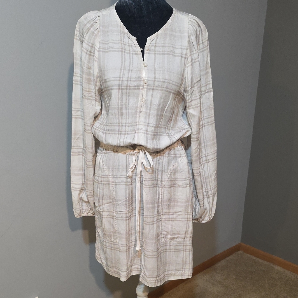 Splendid Cream Plaid Long‎ Sleeve Dress Sz S
